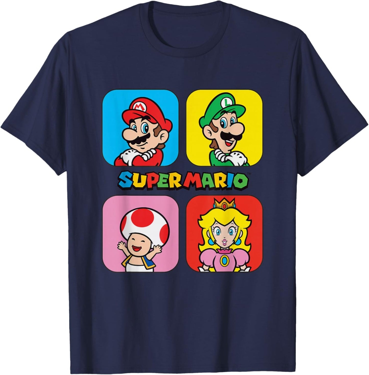 Super Mario Bros Toad & Peach Power Up Squares T-Shirt - T-Shirt | Navy