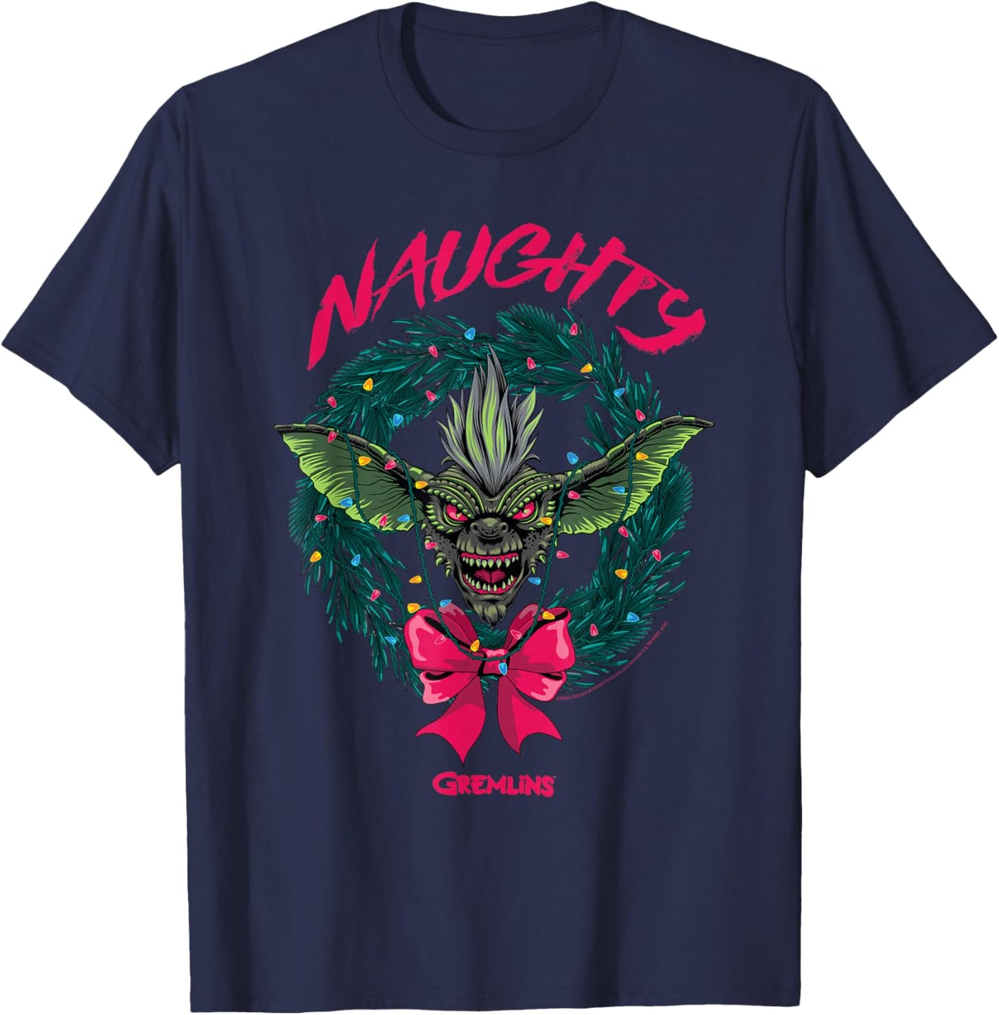 Gremlins Naughty Gremlin Wreath Retro Holiday Movie T-Shirt - T-Shirt | Navy