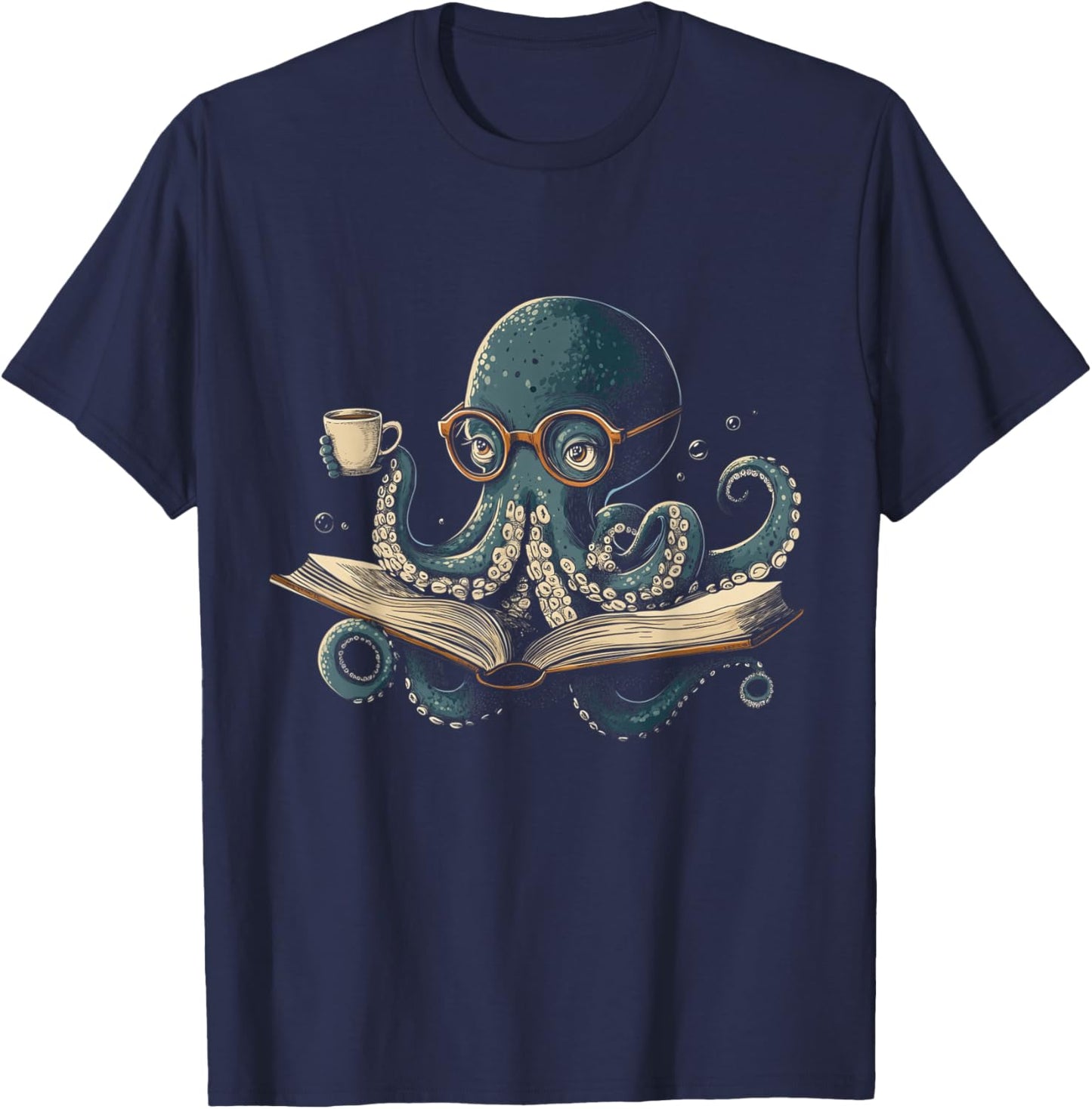 Octopus Reading Book Coffee Funny Book Lover Bookworm Nerd T-Shirt - T-Shirt | Navy