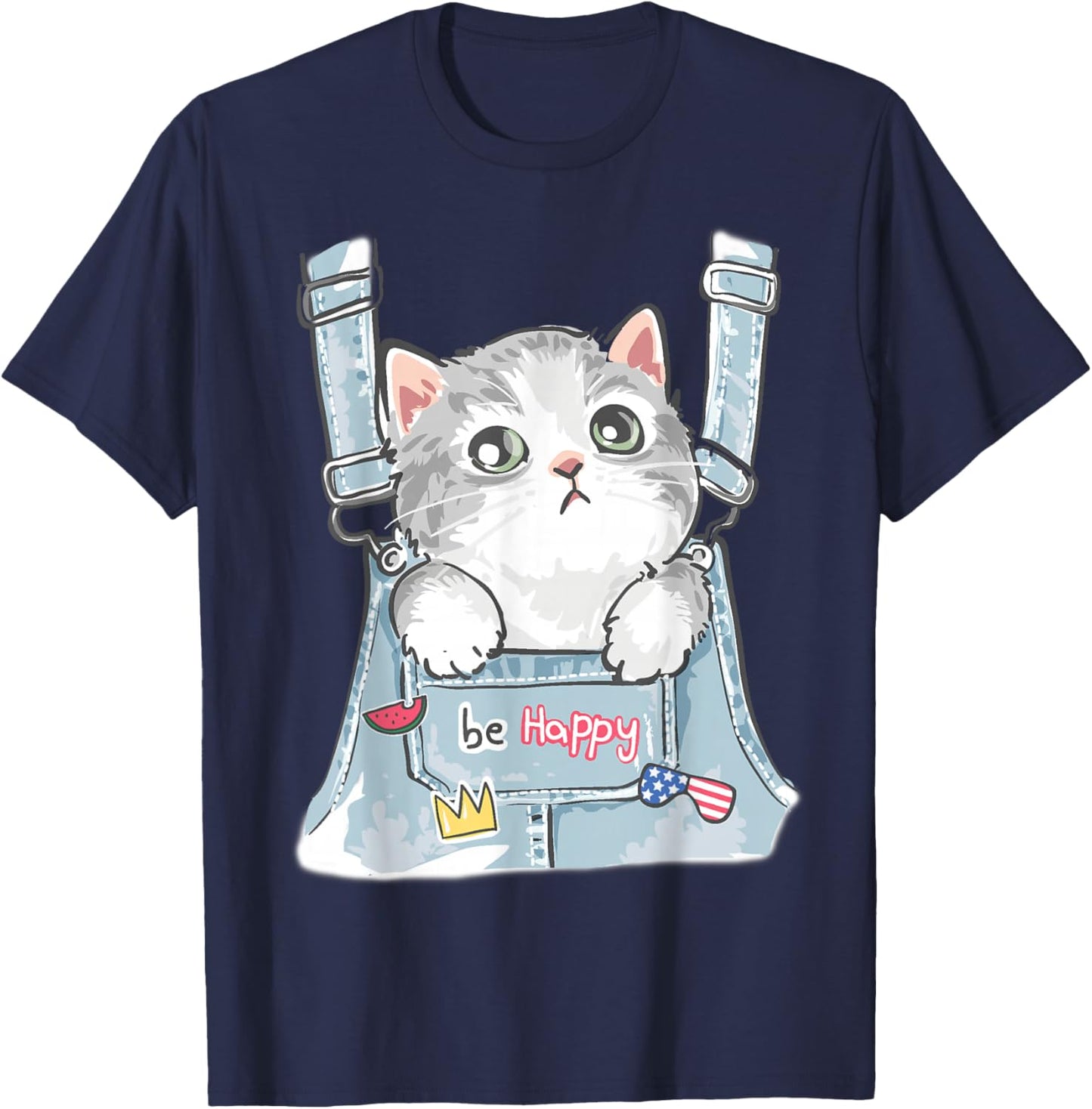 Cute Cat Fake Overalls Cat Lovers Kids Toddler Girl Teen T-Shirt - T-Shirt | Navy