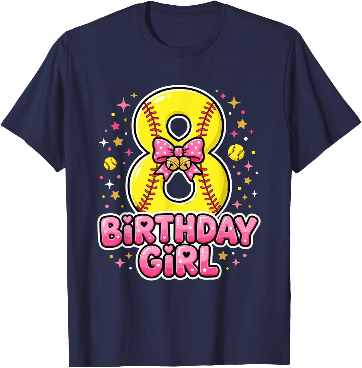 Coquette Bow Softball 8th Birthday Girl T-Shirt - T-Shirt | Navy