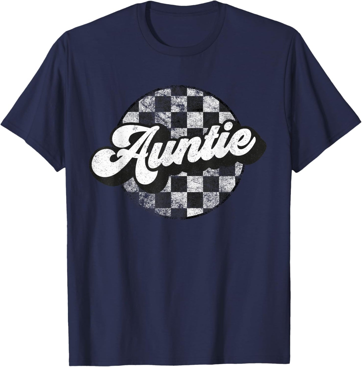 Funny Retro Checkered Auntie Race Vintage Matching Family T-Shirt - T-Shirt | Navy