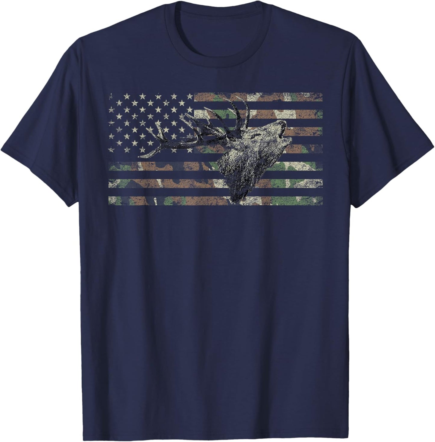 Deer Hunting Camo American Flag Buck Calling Hunter Country T-Shirt - T-Shirt | Navy