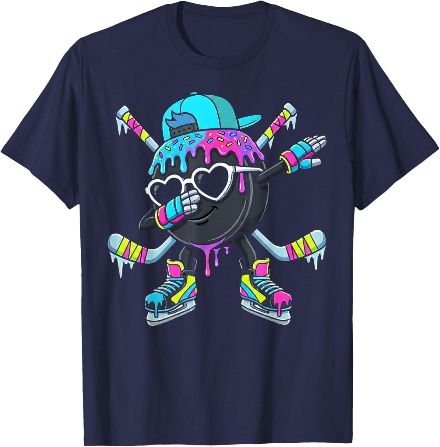 Hockey Ice Cream Drip Dabbing Puck Stakes Sprinkles for Boys T-Shirt - T-Shirt | Navy