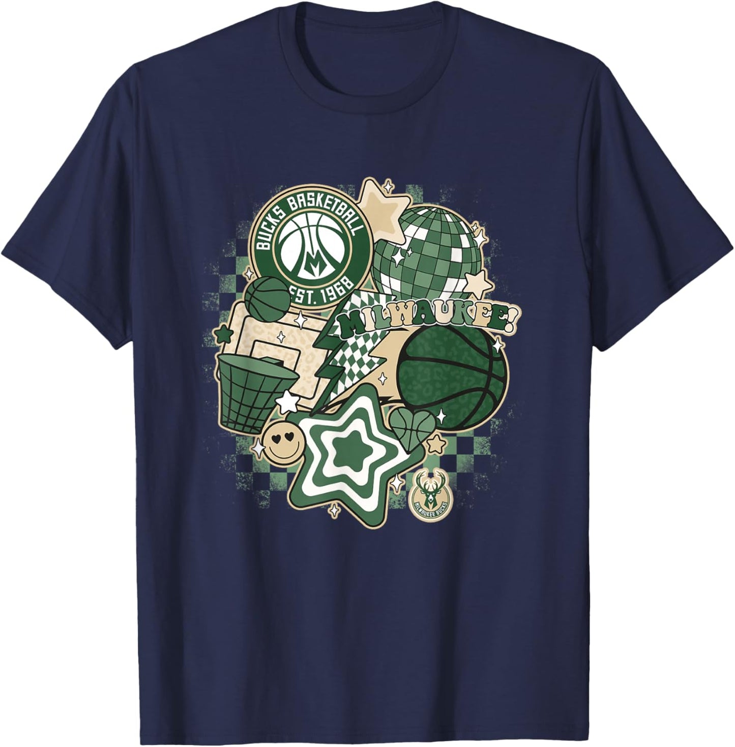 NBA Milwaukee Bucks Psychedelic Basketball Collage T-Shirt - T-Shirt | Navy