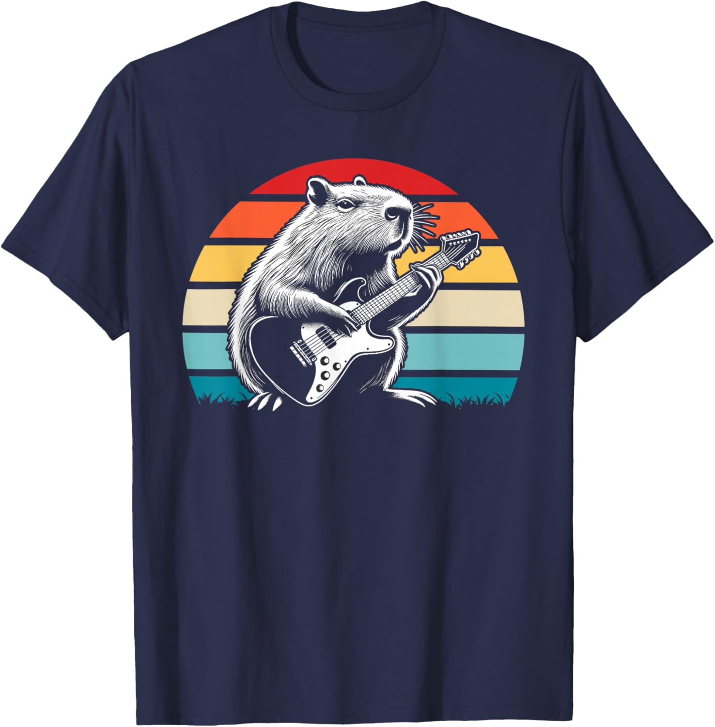 Capybara Playing Electric Guitar Retro T-Shirt - T-Shirt | Navy