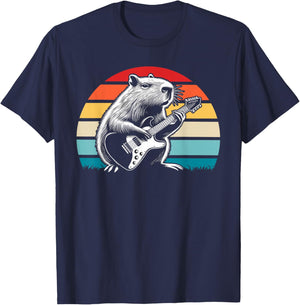 Capybara Playing Electric Guitar Retro T-Shirt - T-Shirt | Navy