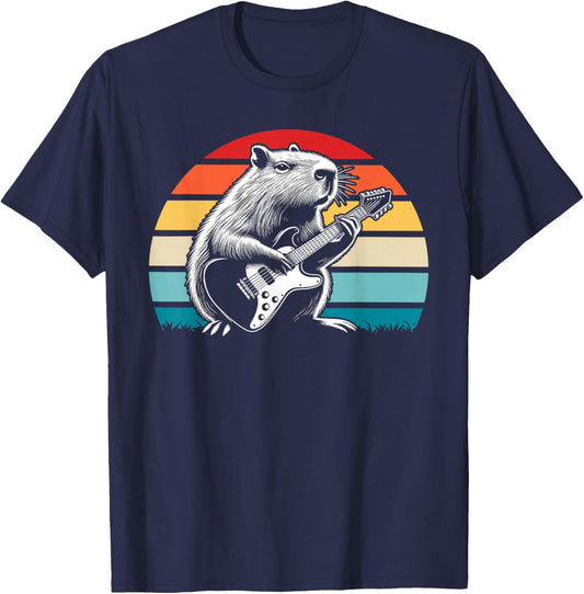 Capybara Playing Electric Guitar Retro T-Shirt - T-Shirt | Navy