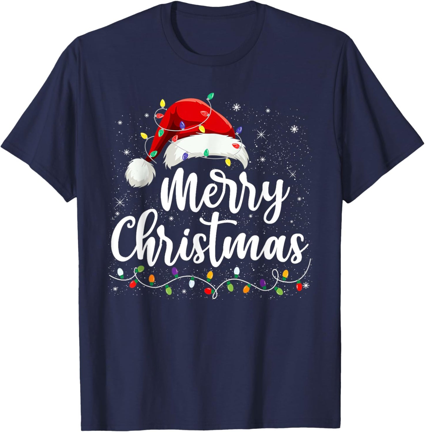 Merry Christmas Lights Red Santa Hat Xmas Family Men Women T-Shirt - T-Shirt | Navy