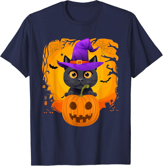 Cute Black Cat Halloween Pumpkin Costume witch Hat Kids T-Shirt - T-Shirt | Navy