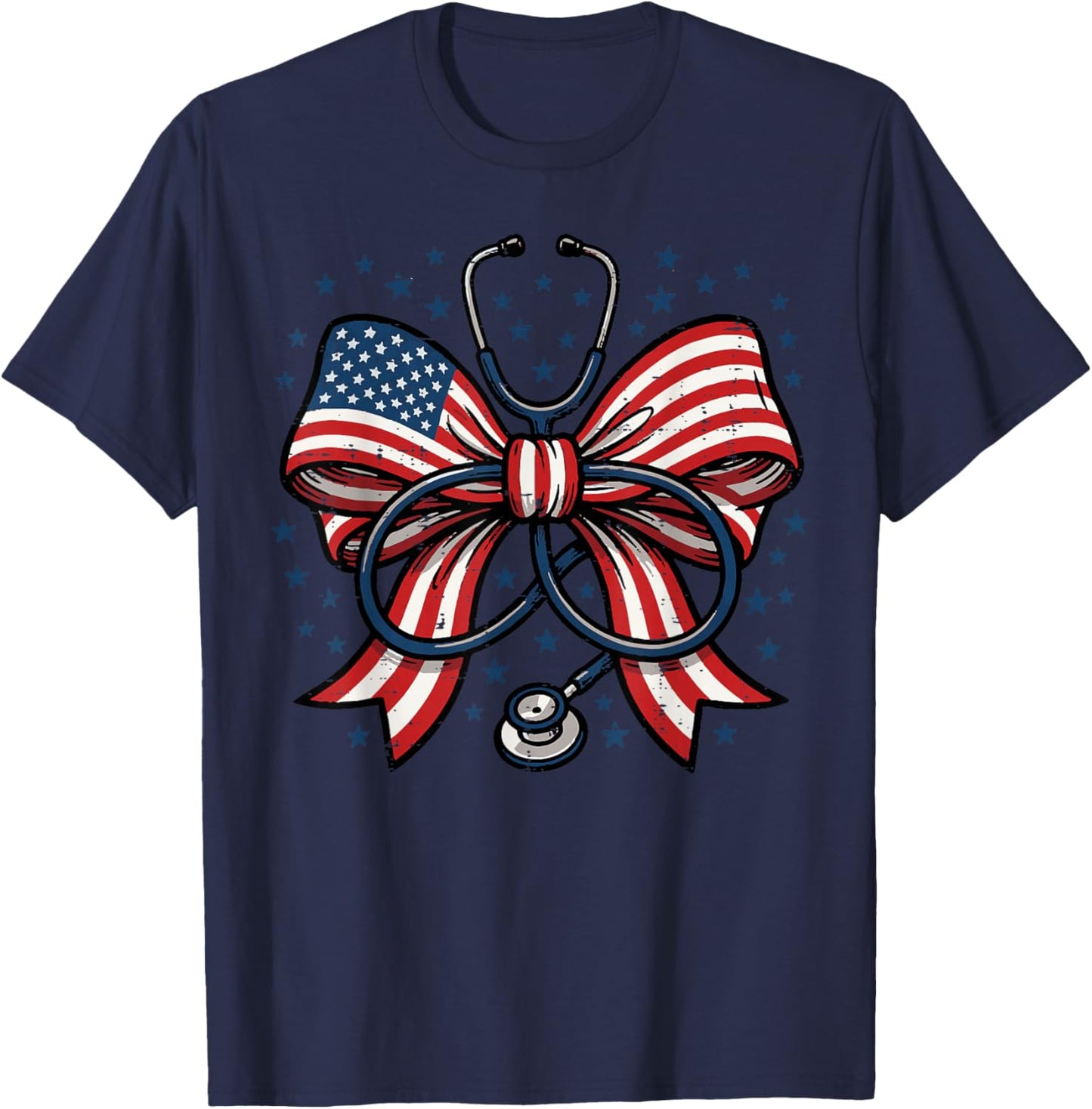 4th of July Nurse US Flag Bow Stethoscope Scrub Top Women T-Shirt - T-Shirt | Navy