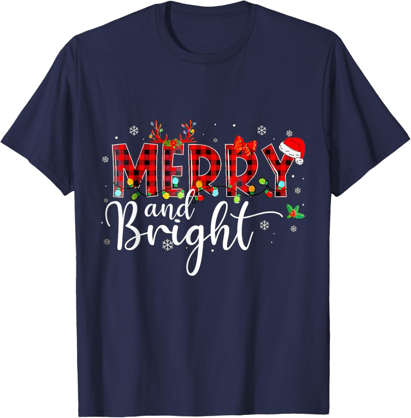 Merry and Bright Buffalo Plaid Red Santa Hat Xmas Pajamas T-Shirt - T-Shirt | Navy