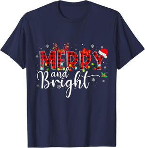 Merry and Bright Buffalo Plaid Red Santa Hat Xmas Pajamas T-Shirt - T-Shirt | Navy