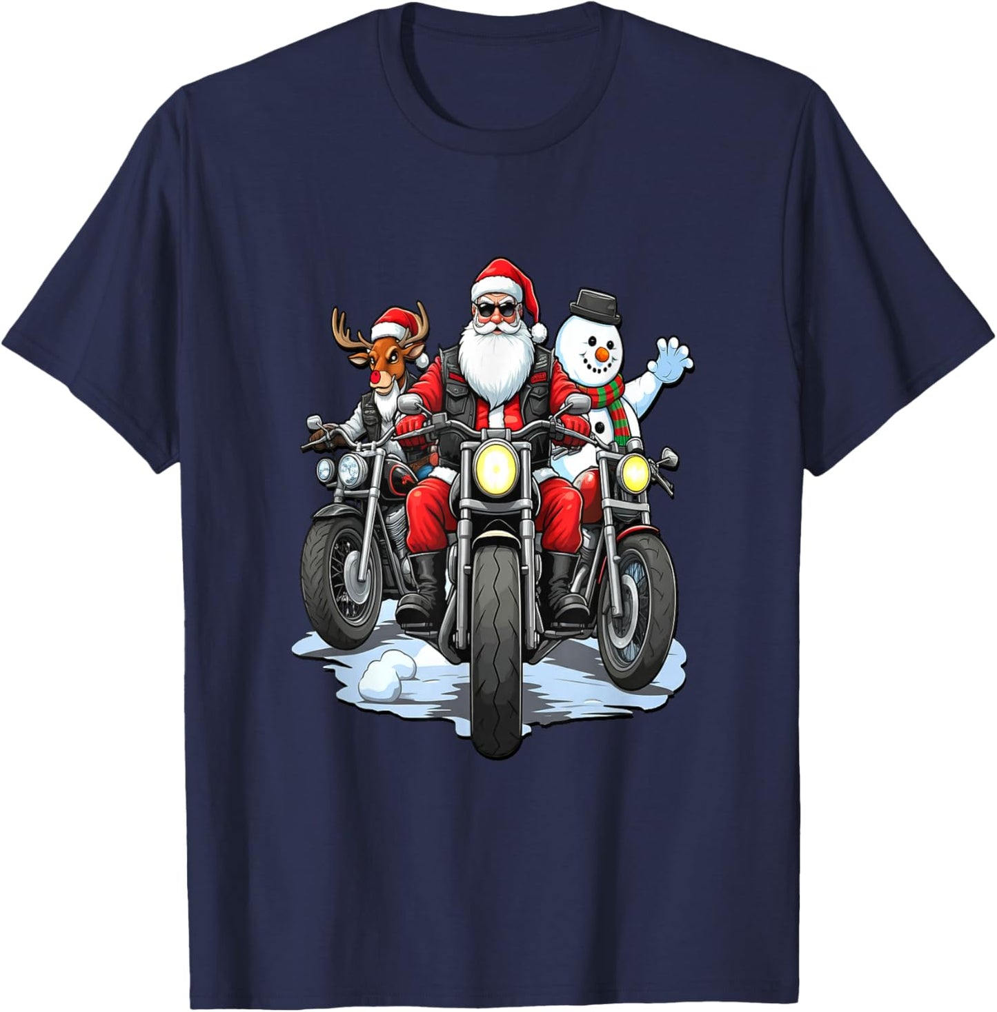 Santa, Reindeer & Snowman Bikers on Motorcycles T-Shirt - T-Shirt | Navy