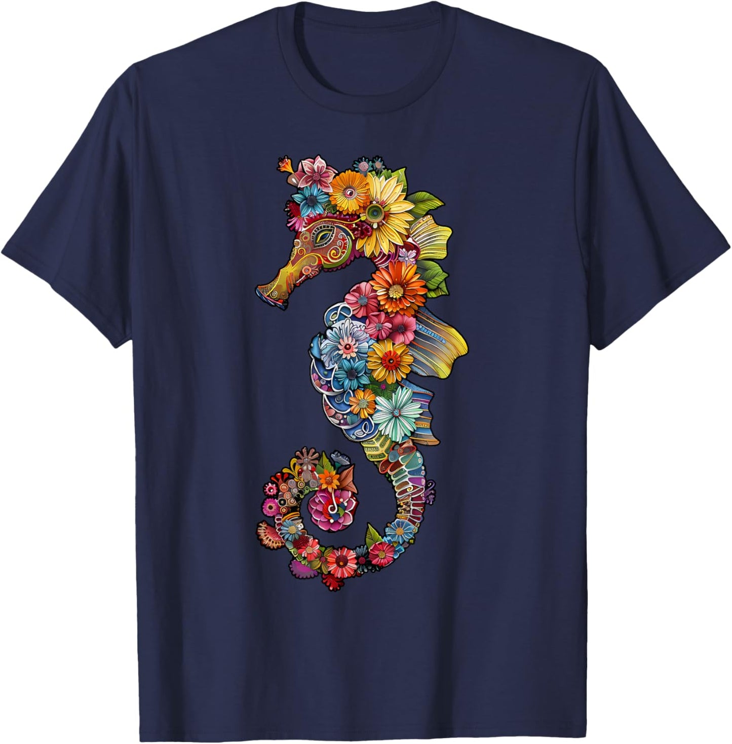 Floral Seahorse Ocean Animal Marine Beach Seahorse Flowers T-Shirt - T-Shirt | Navy