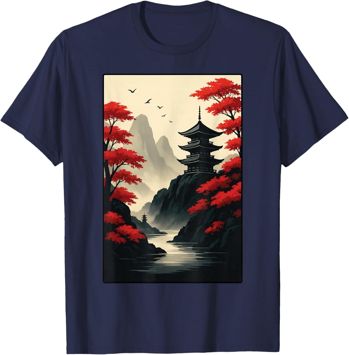 Cool Japanese Pagoda Castle Mountain Landscape Graphic Art T-Shirt - T-Shirt | Navy
