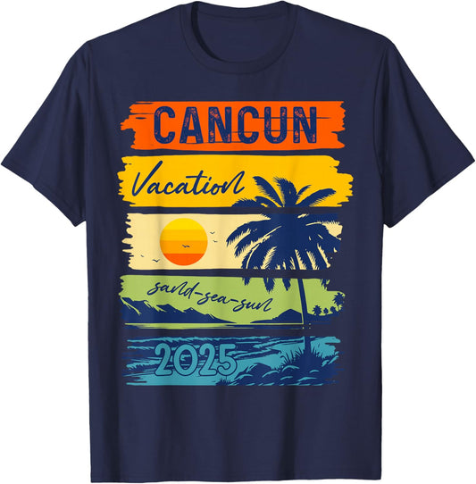 Cancun Vacation Sand Sea Sun Mexico Trip 2025 Retro Summer T-Shirt - T-Shirt | Navy