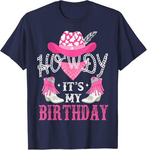Howdy It's My Birthday Funny Country Rodeo Cowgirl themed , Small, Black T-Shirt - T-Shirt | Navy