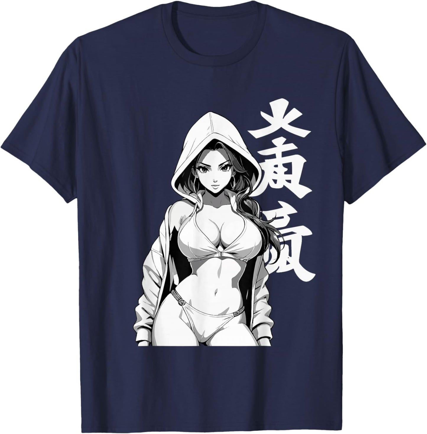 Sexy Waifu Sport Anime Girl Japanese in Black White Art T-Shirt - T-Shirt | Navy