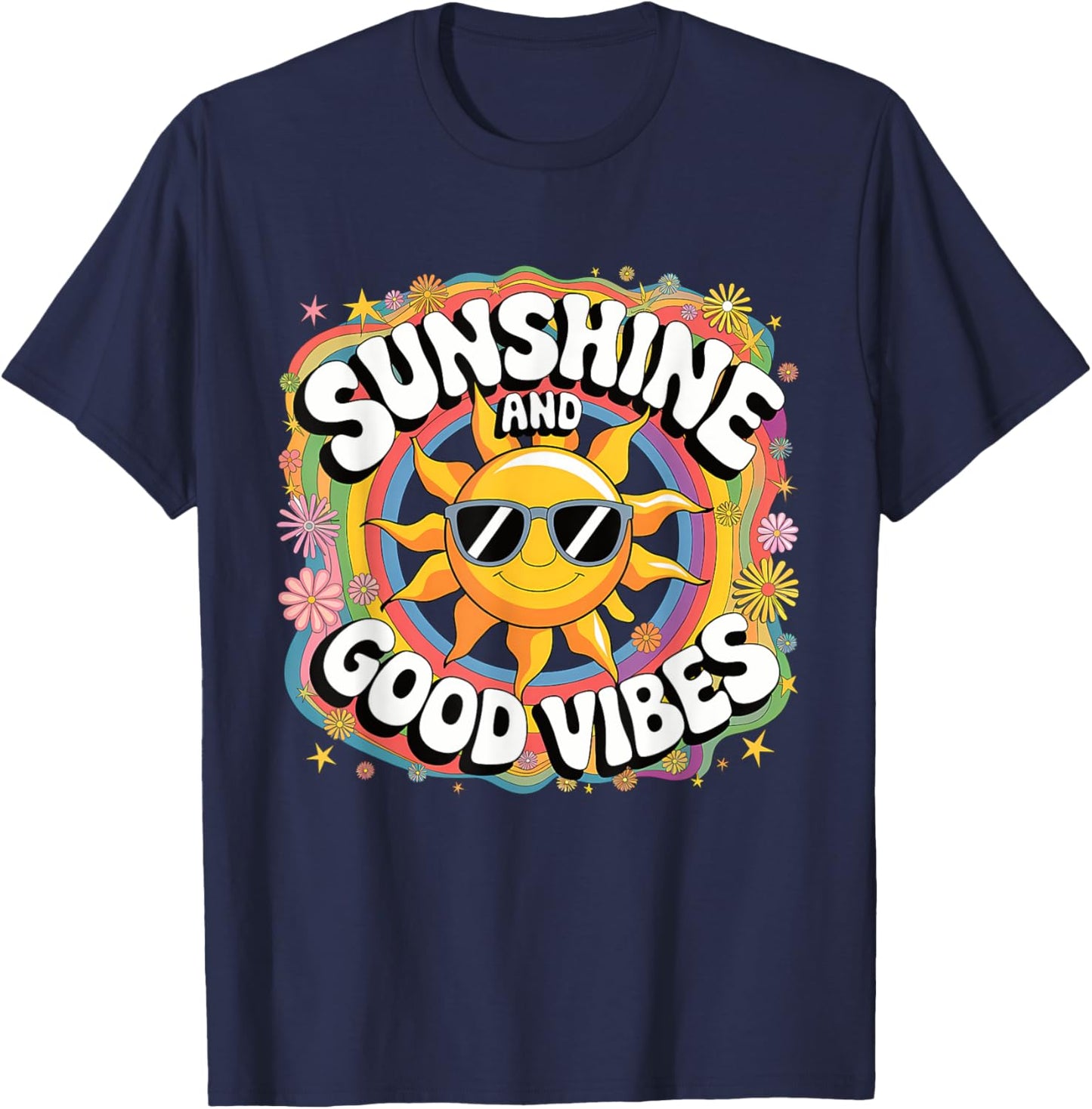 Retro Sunshine Summer 70s Aesthetic Sunflower Rainbow Boho T-Shirt - T-Shirt | Navy