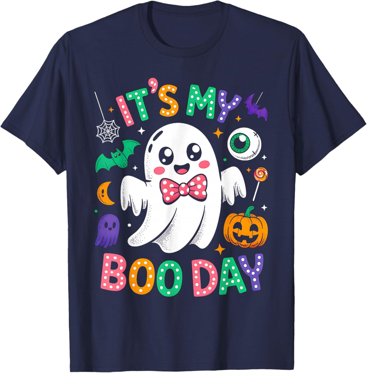 Groovy Its My Boo Day Cute Halloween Birthday Ghost Pink Bow T-Shirt - T-Shirt | Navy