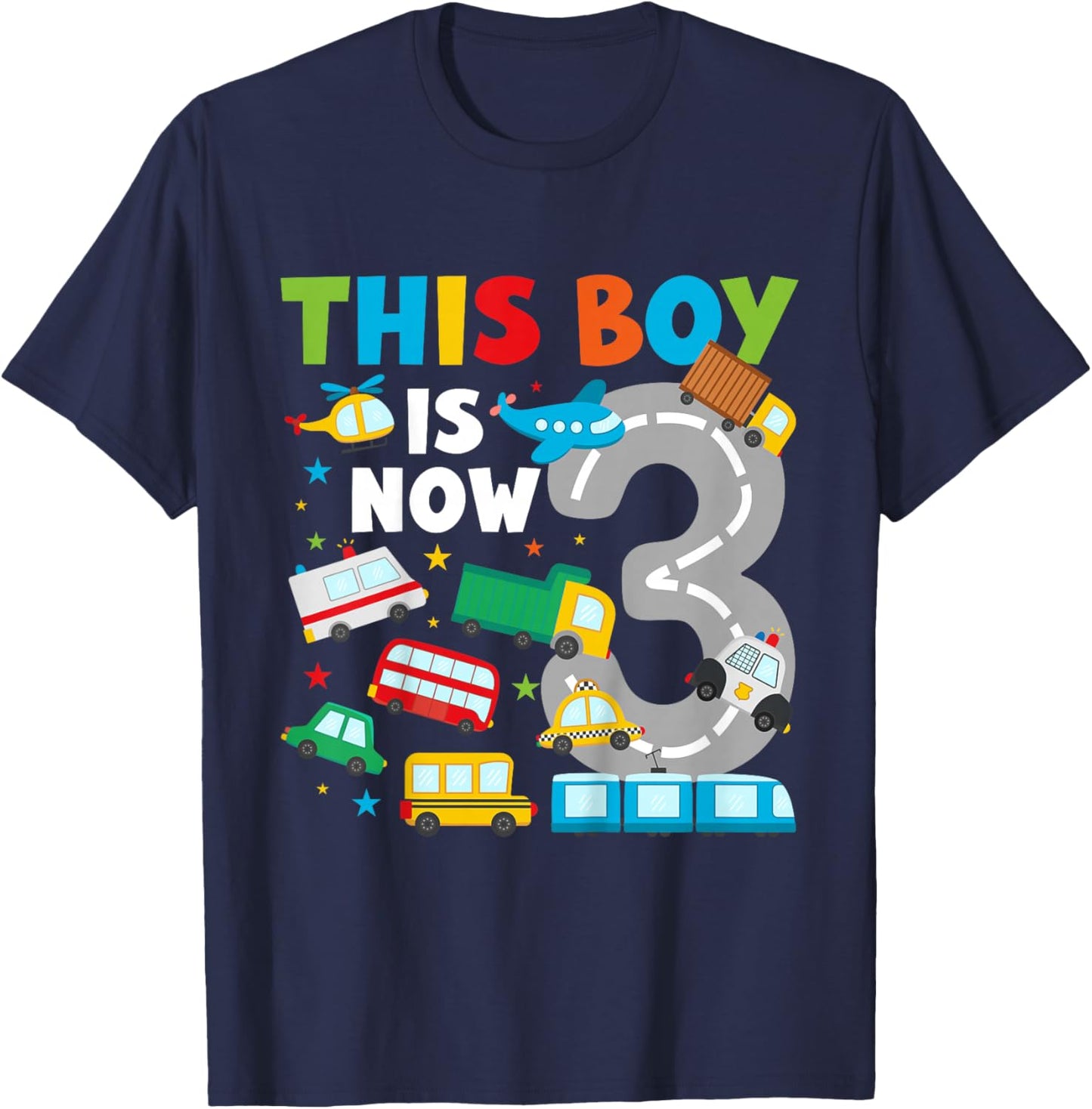 Kids 3rd Transportation Birthday Party 3 Year Old Vehicle T-Shirt - T-Shirt | Navy