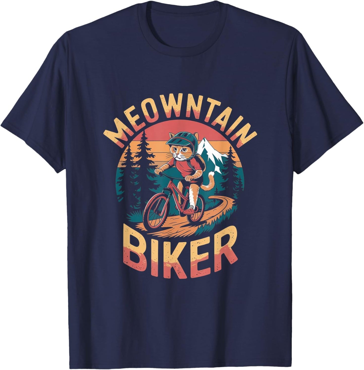 Retro Mountain Biker Pun - Funny Mountain Biking Cat T-Shirt - T-Shirt | Navy