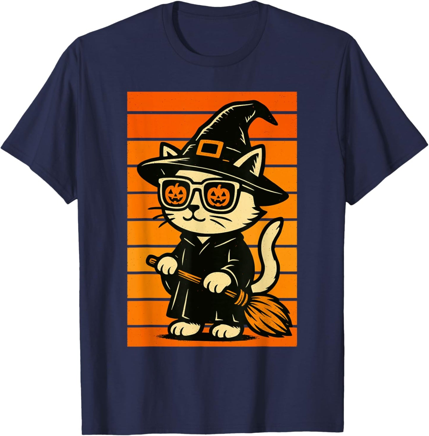Cool Cute Cat Witch Men Women Kids Funny Halloween T-Shirt - T-Shirt | Navy