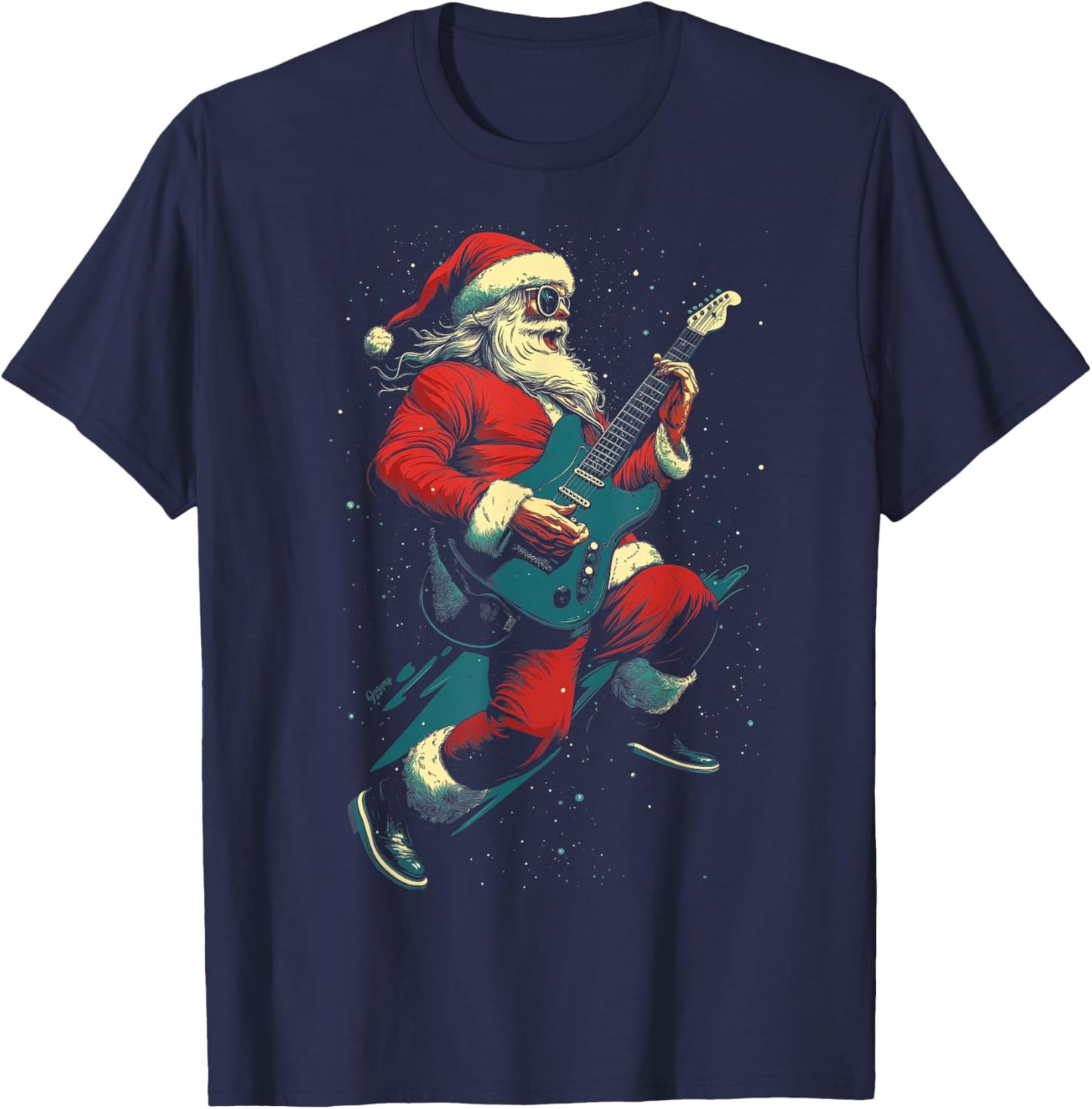 Rocking Christmas Santa Rock and Roll Guitar Lover T-Shirt - T-Shirt | Navy