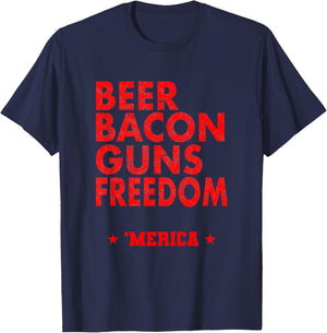 Beer Bacon Guns Freedom ‘Merica Funny T-Shirt - T-Shirt | Navy