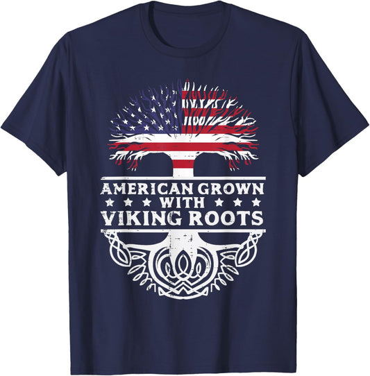 American Grown With Viking Roots US Flag Tree Men Women Kids T-Shirt - T-Shirt | Navy