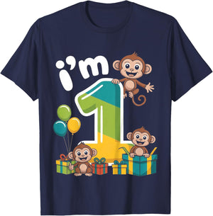 Kids One 1yr 1St Birthday Monkey Party Jungle 1 Year Old Boys T-Shirt - T-Shirt | Navy