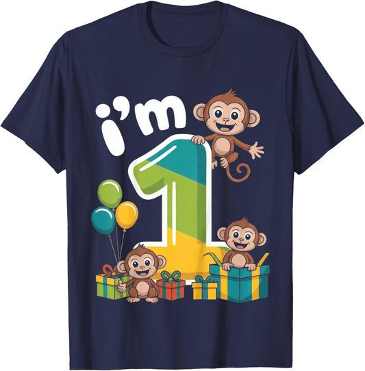 Kids One 1yr 1St Birthday Monkey Party Jungle 1 Year Old Boys T-Shirt - T-Shirt | Navy