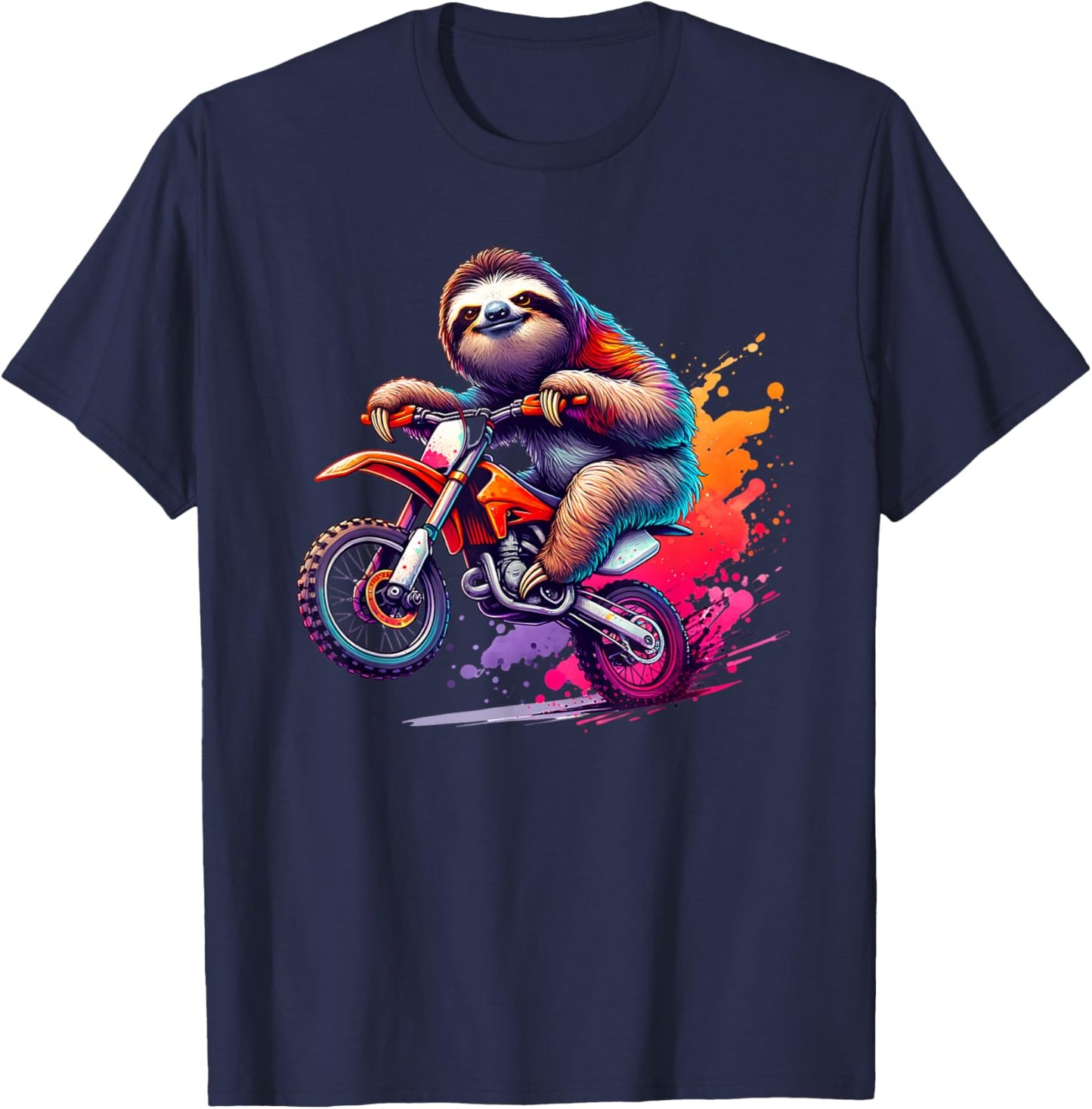Unique Sloth Riding Motocross Enduro Motorcycle Art T-Shirt - T-Shirt | Navy