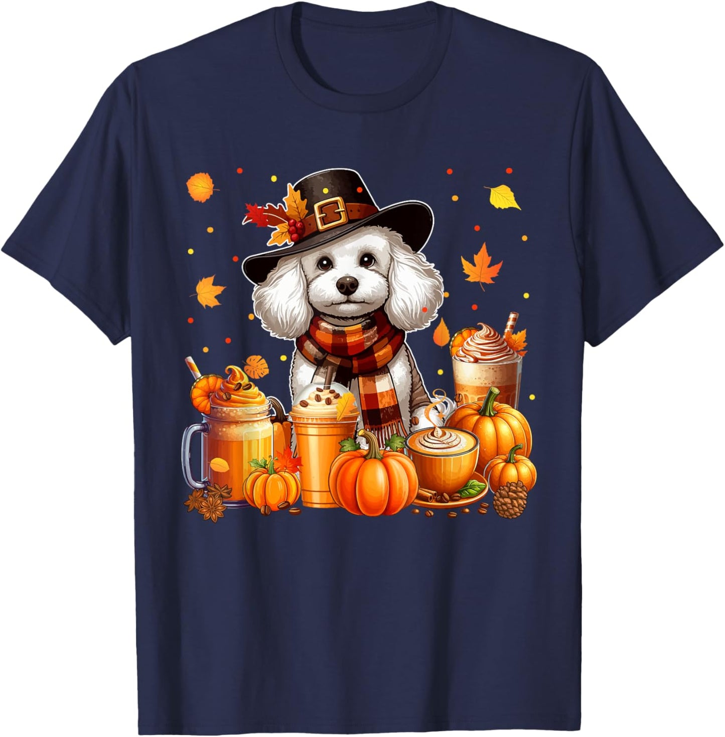 Poodle Thanksgiving Drinks Coffee Fall Leaves Pumpkins T-Shirt - T-Shirt | Navy