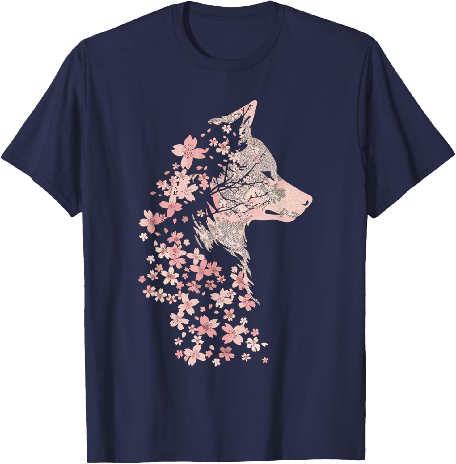 Wolf Lover Cherry Blossom Wolves Animal Wildlife T-Shirt - T-Shirt | Navy