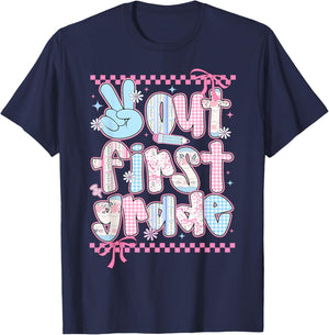 Peace Out First Grade Happy Last Day of School Coquette Bow T-Shirt - T-Shirt | Navy