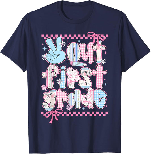 Peace Out First Grade Happy Last Day of School Coquette Bow T-Shirt - T-Shirt | Navy