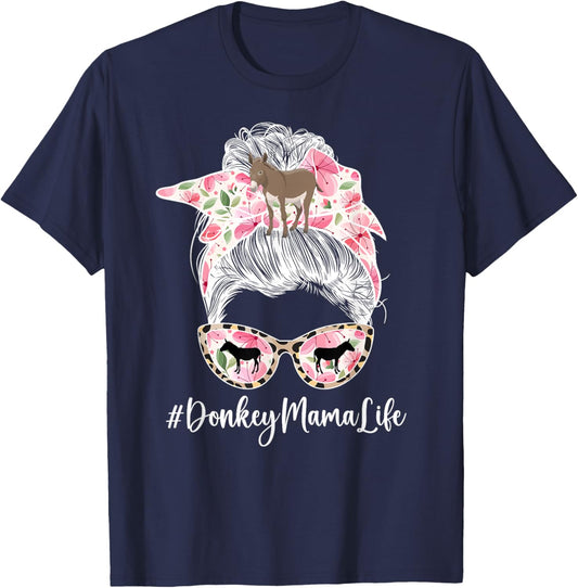 Donkey Mama Life Donkey Mom Donkey Owner Messy Bun T-Shirt - T-Shirt | Navy