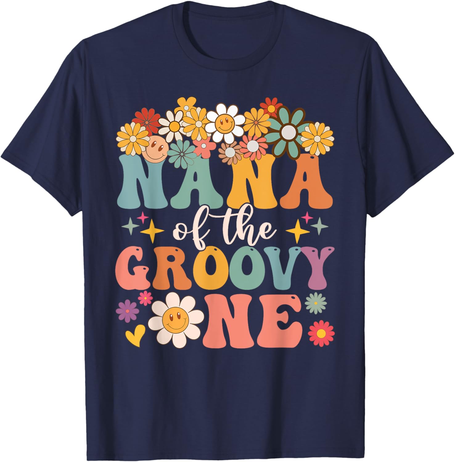 Retro Nana of Groovy One Matching Family 1st Birthday Party T-Shirt - T-Shirt | Navy