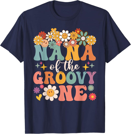 Retro Nana of Groovy One Matching Family 1st Birthday Party T-Shirt - T-Shirt | Navy