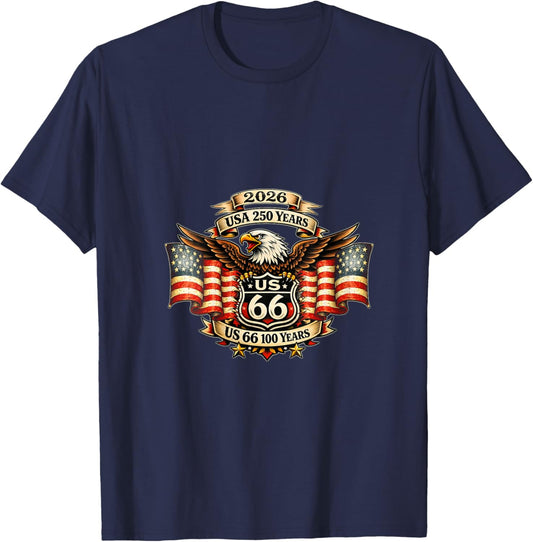 Women's USA 250 US Highway 66 Mother Road Anniversary Eagle Tattoo V-Neck T-Shirt - T-Shirt | Navy