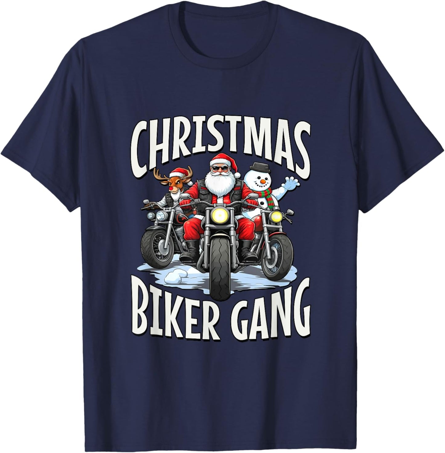 Christmas Biker Gang - Santa, Reindeer & Snowman Bikers T-Shirt - T-Shirt | Navy