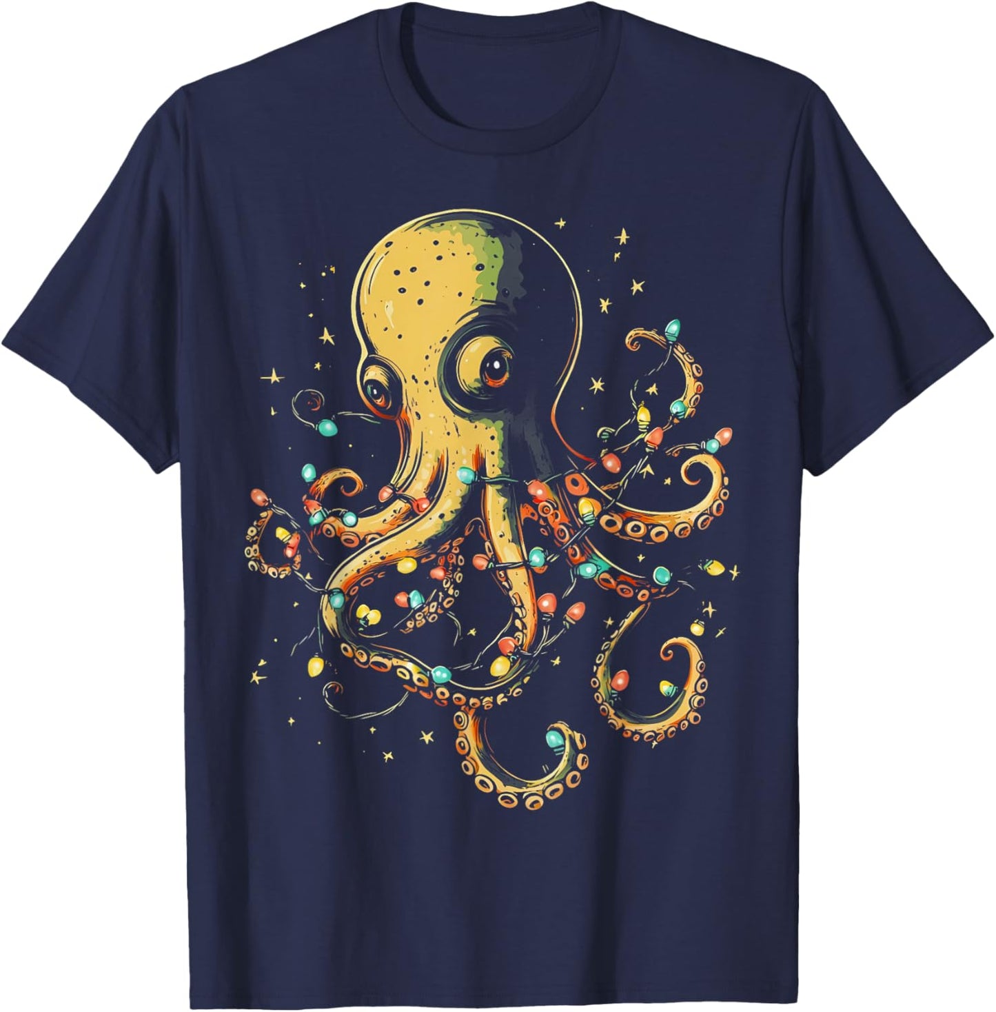 Christmas Lights Sea Octopus Marine Biology Ocean Animal T-Shirt - T-Shirt | Navy