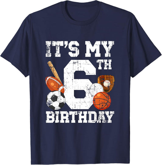 6 Year Old Sports Birthday Theme Sixth Bday Kids 2T Black Sports Birthday T-Shirt - T-Shirt | Navy