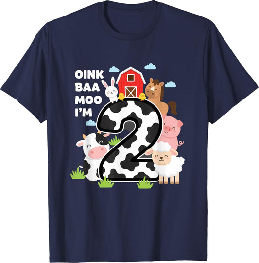Oink Baa Moo I'm 2, Farm Animals 2nd BirthdayBarn T-Shirt - T-Shirt | Navy