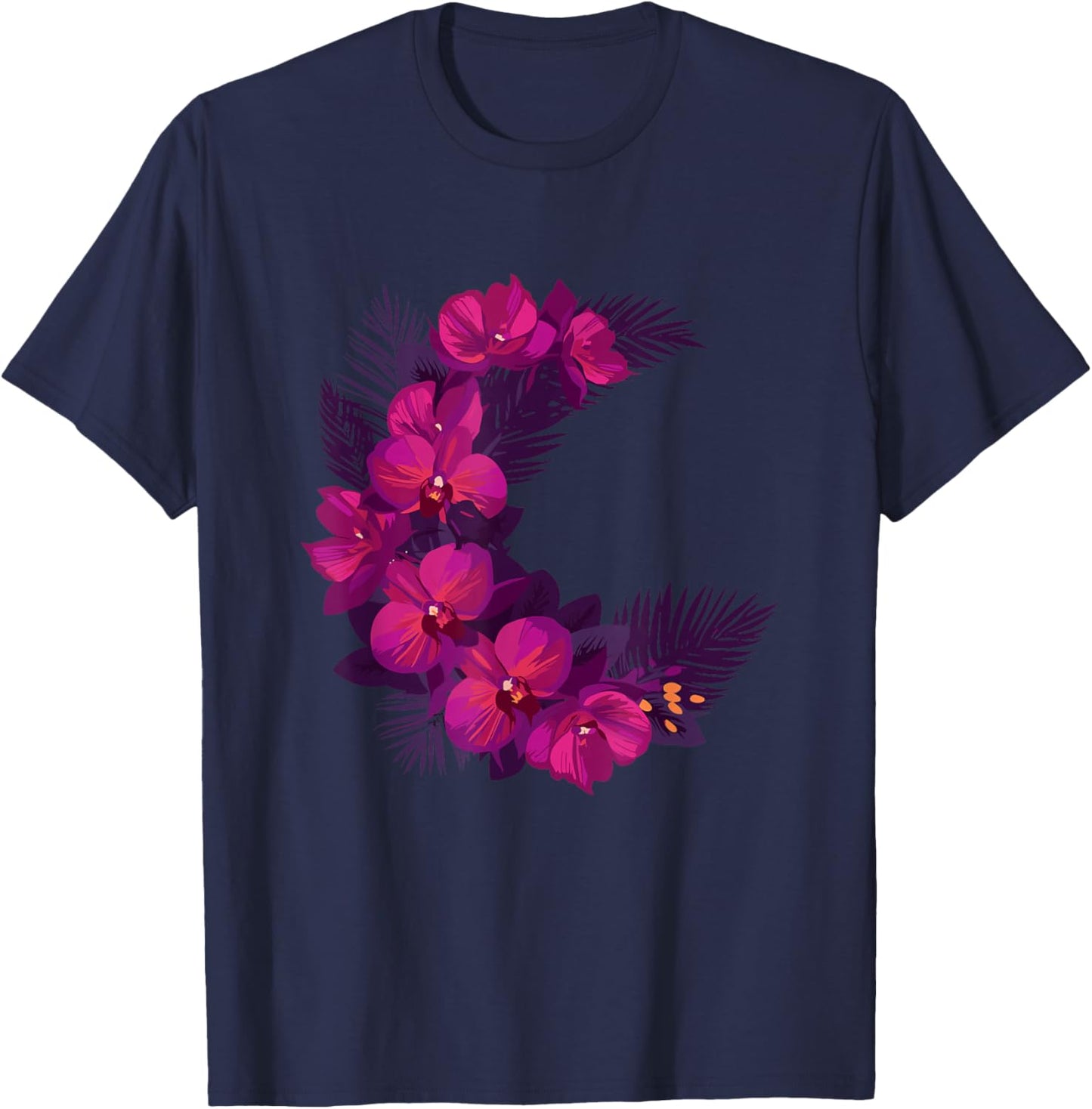 Croissant de Lune bohème avec orchidées Tropicales Violettes T-Shirt - T-Shirt | Navy