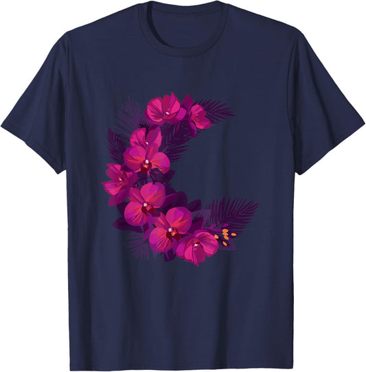 Croissant de Lune bohème avec orchidées Tropicales Violettes T-Shirt - T-Shirt | Navy
