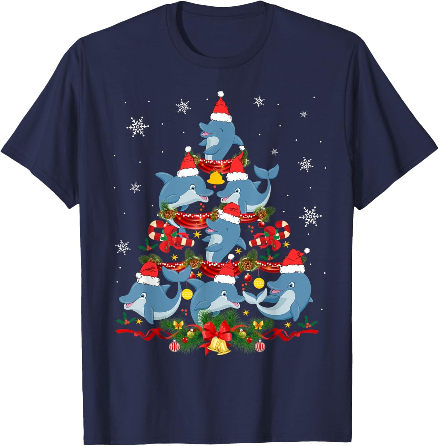 Santa Dolphin Christmas Tree Light Animal Lover Ornament T-Shirt - T-Shirt | Navy