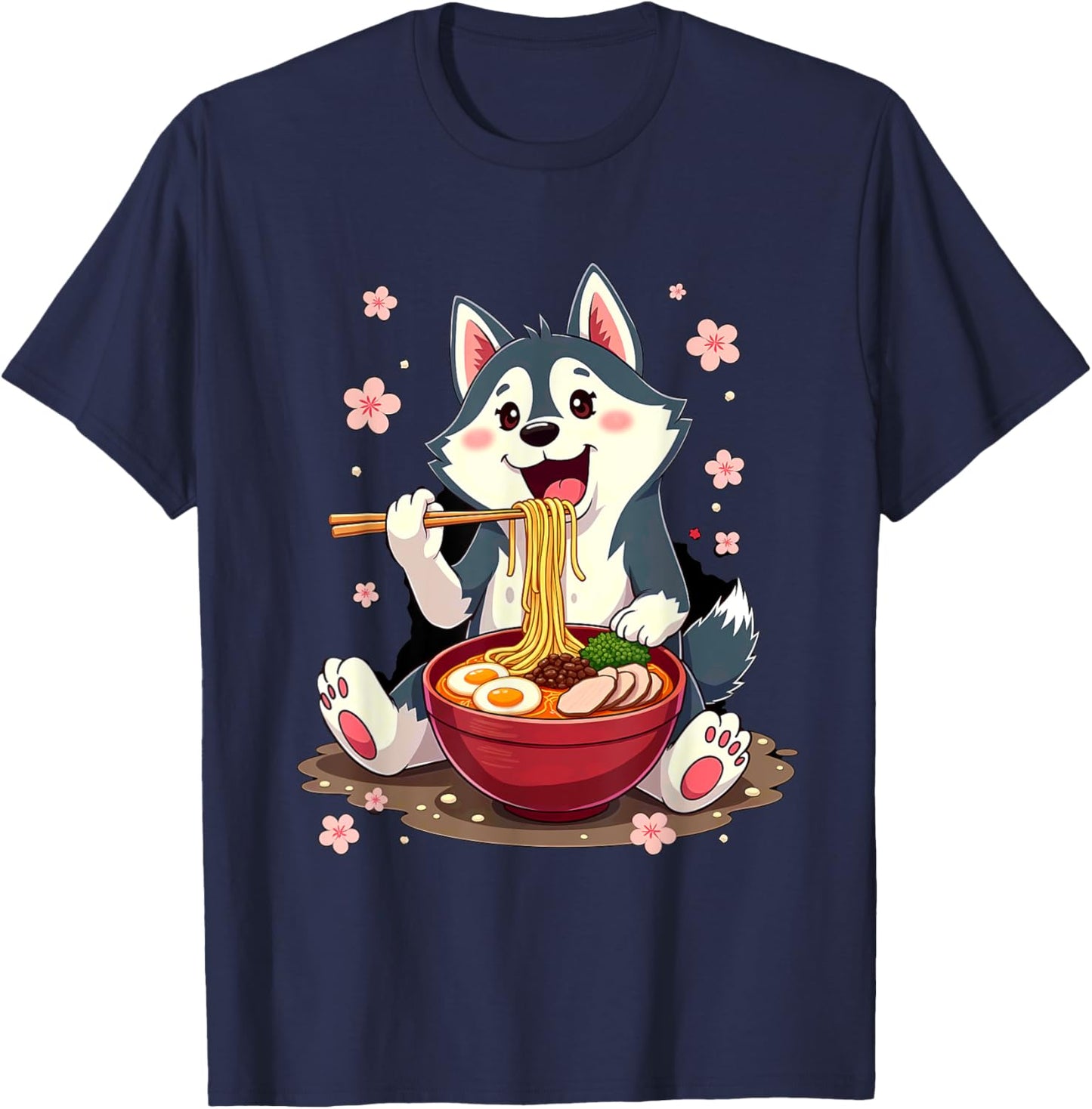 Otaku Husky Dog Ramen Noodles -Adult Anime Manga Kawaii Husky Dog Eating Ramen Black Small Classic Fit Short Sleeve Cotton Blend Machine Wash T-Shirt - T-Shirt | Navy